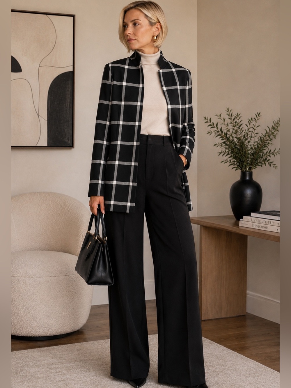 Carolina Belle Black Plaid Collarless Windowpane Jacket